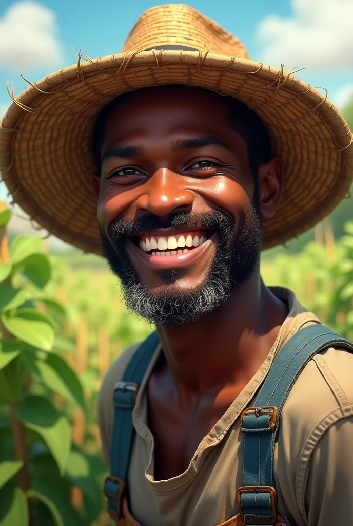 Make an art of a farmer, with straw hat, black skin color and a striking smile. sem beard.