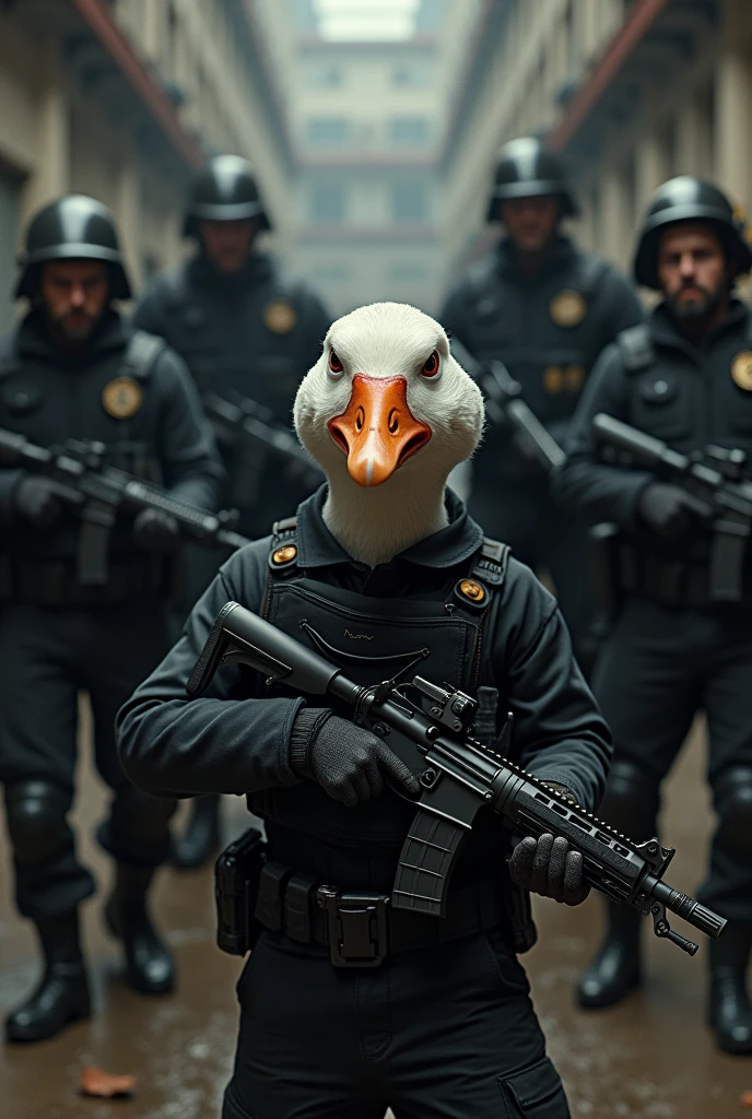Draw a skinny goose with baggy clothes, black, wearing bulletproof vests, with a furious face, holding a rifle, ao lado de mais quatro policiais com cara de mal usando roupas black, bulletproof vests and holding rifles