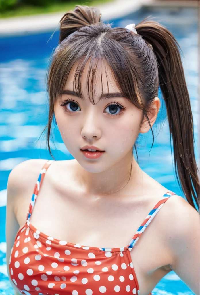 photo realist, Youngh, Japanese cute idol, extremely detailed beautiful idol face, Beautiful detailed big eyes, random ponytail hair style, Swimsuits, spatter, swim in the pool, fully body