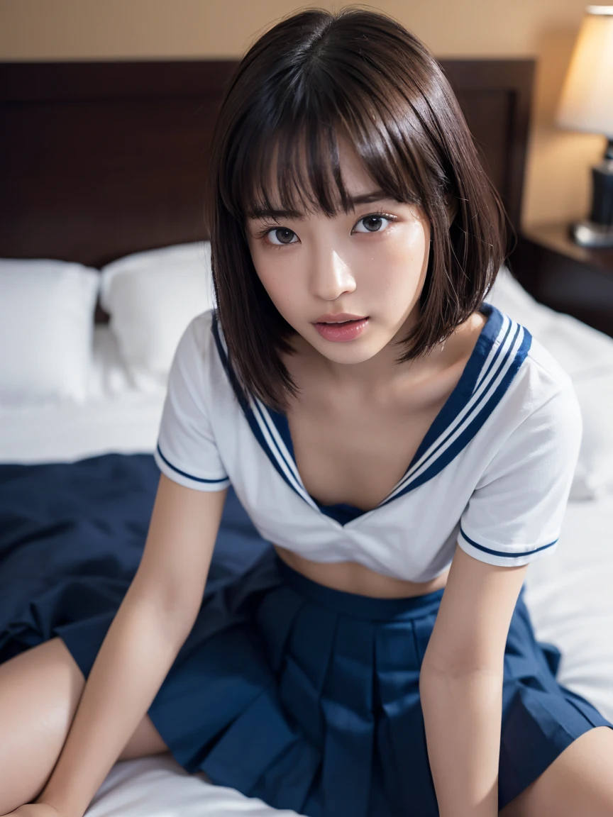 (masterpiece), Very detailed, Ultra-high resolution, Realistic, photo Realistic, High-resolution RAW color photos, Professional photos, Sharp focus, (Very detailed顔と肌の質感, Very beautiful eyes, Glossのある肌, Glowing Skin, Glowing Skin, Shining Face, Gloss, Oily skin, greasy face, Oily skin, greasy face,),, (real Glossのある肌 texture), Perfect Anatomy, Very detailed背景,((Hotel Bed)),(1 female,25-year-old woman, Japanese women),(lean slender body),(short hair, Straight hair, bangs, Brown Hair),(Flat Chest:1.6), (((Short Sleeve White Sailor School Uni形状 、Navy blue pleated skirt:1.5)))、((Sleep on your back)),(From above:1.4)、((((Spread your legs:1.3,Cum in vagina:1.6、Reaching orgasm:1.5))))、((Masturbate:1.6)))、