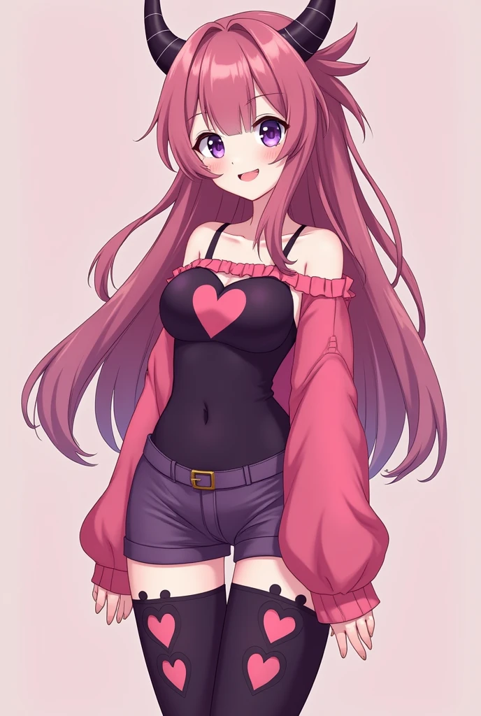 7'5" tall cute anime style female in a dark purple teotard,pink off shoulders sweater,heart boob window,darp purple shorts,and dark purple thigh high boots with pink corsses on the siedes. Her skin has 3 colors: Purple, White, and Pink.she a hourglass body with long tea rose pink hair,white eyes,fluffy eyelashes,with big breasts and massive thighs,she is a demon in disguise.