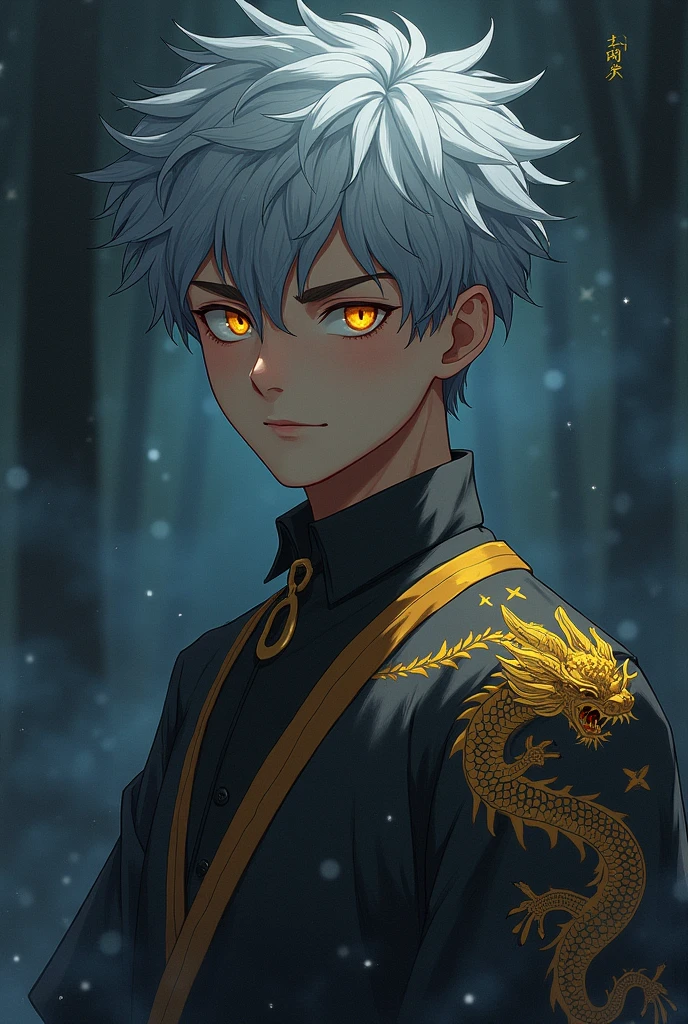 Young man, twelve years old, grey hair, Blind, Gold Dragon Tattoo, Spirits Eyes, Transforms deep, manga style anime wallpaper. Atmosphere of smoke, atmosphere of the night.