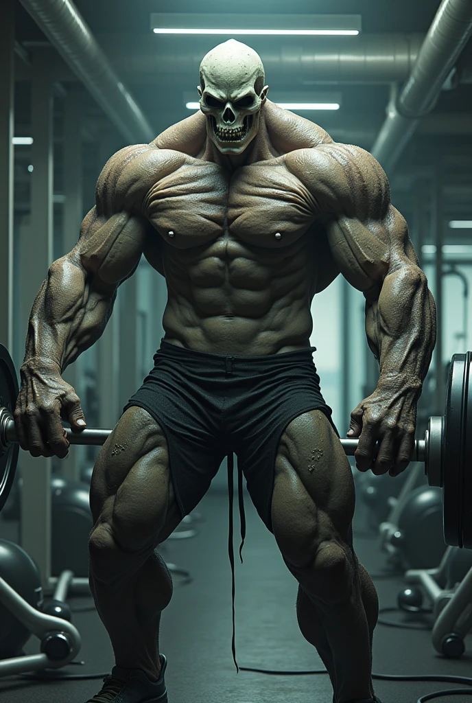 Skull with muscular body exercising in a gym