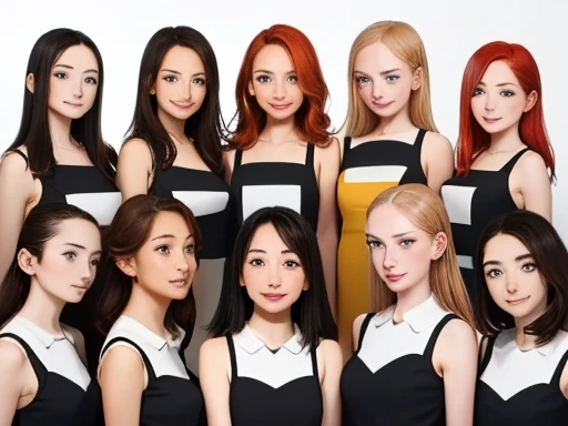 (Highest quality, masterpiece), A group photo of eight very unique and beautiful students, A variety of emotions, Various expressions, Stubborn pose, Different hair colors(There is only one redhead among them., Three Blondes, 2 brown hair、2 black haired people), Various Hair Styles, Different hair lengths, Different eye colors, Various body types, Different breast sizes, (There is definitely one flat chested Asian brunette + One muscular woman with short blonde hair + 1 long-haired redhead girl + 1 brunette hippie with braids + 1 Brown hair and flat chest + 1 short, curvy woman with brown hair), Graduation Photo Album, Beautiful Face, Upper Body