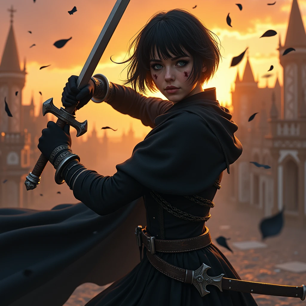 1 warrior women with several scars, expressive black eyes, black short hair, dressed with a black cape, using his massive two hand sword ,fighting pose ,black petals fall from the sky in big medieval city in sunset in background, detail richness, masterpiece, best quality, realistic rendering