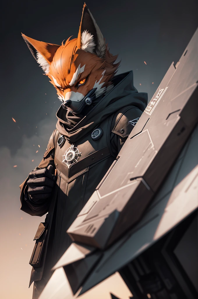"A humanoid fox designed in a dystopian comic book style, similar to the 'Distopia' series. The fox has an exaggerated, almost caricatured appearance, with sharp, angular features. Its fur is minimalistic in color, primarily in muted shades of orange and brown, with patches of dark gray. The fox wears a trench coat, partially covering a hidden gadget or symbol hinting at conspiracy theories. Its eyes are sharp and slightly glowing, giving it a mysterious, cunning look. The background is dark, with shadowy figures and abstract shapes, emphasizing a secretive and ominous atmosphere."