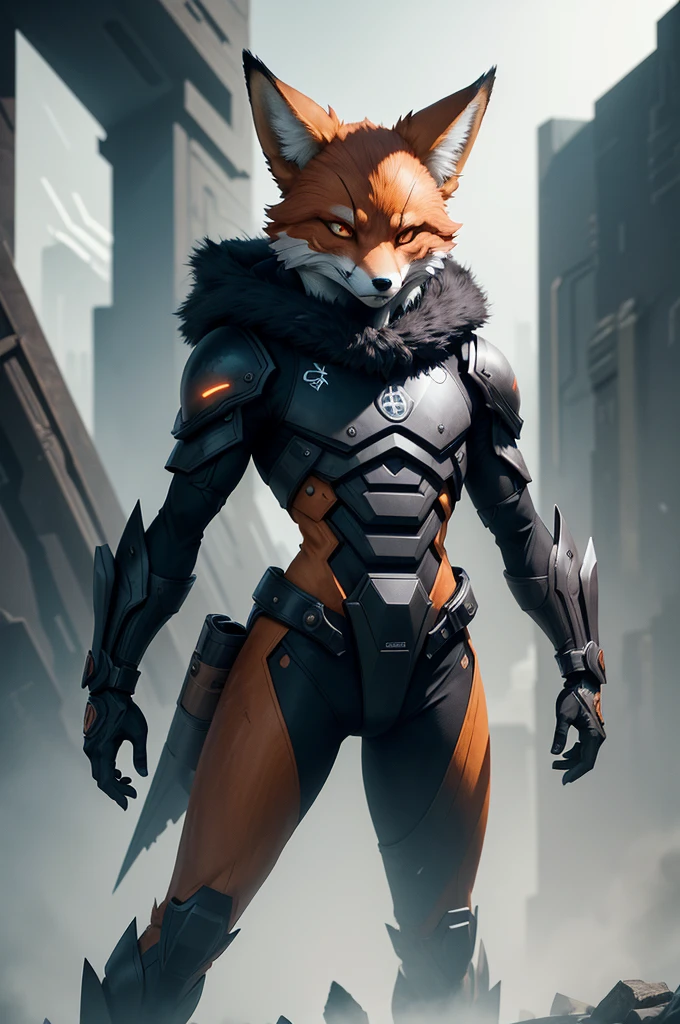 "A humanoid fox designed in a dystopian comic book style, similar to the 'Distopia' series. The fox has an exaggerated, almost caricatured appearance, with sharp, angular features. Its fur is minimalistic in color, primarily in muted shades of orange and brown, with patches of dark gray. The fox wears a trench coat, partially covering a hidden gadget or symbol hinting at conspiracy theories. Its eyes are sharp and slightly glowing, giving it a mysterious, cunning look. The background is dark, with shadowy figures and abstract shapes, emphasizing a secretive and ominous atmosphere."