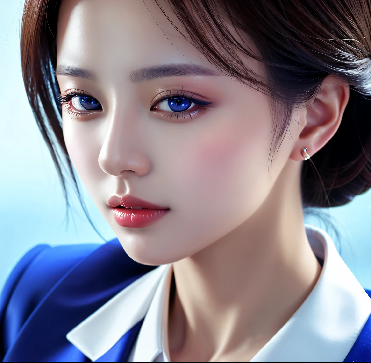Close up portrait of woman in blue suit and white shirt, Elegant digital art, High-quality portraits, Shiny digital painting, Digital Art Images, Beautiful digital art, Elegant digital painting, Portraits of Korean female idols, Beautiful digital painting, Realistic cute girl drawing, high quality digital painting, TWICE's Tzuyu, Professional Profile Photo, Korean Girls