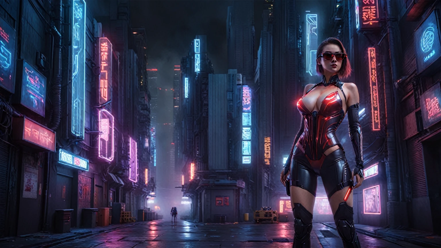 There's a cyborg woman (8k) wearing a futuristic leotard (best quality) standing in a cyberpunk city alley at night, darksynth aesthetic, red neons, haze, foggy night, ultra detailed, photorealistic, (1girl, solo, alone), large-breast:1.2 slim body, cleavage:1.1, (black sunglasses), (holding a pistol), dynamic pose, half-body thigh level medium shot, cinematic lighting, ray tracing.