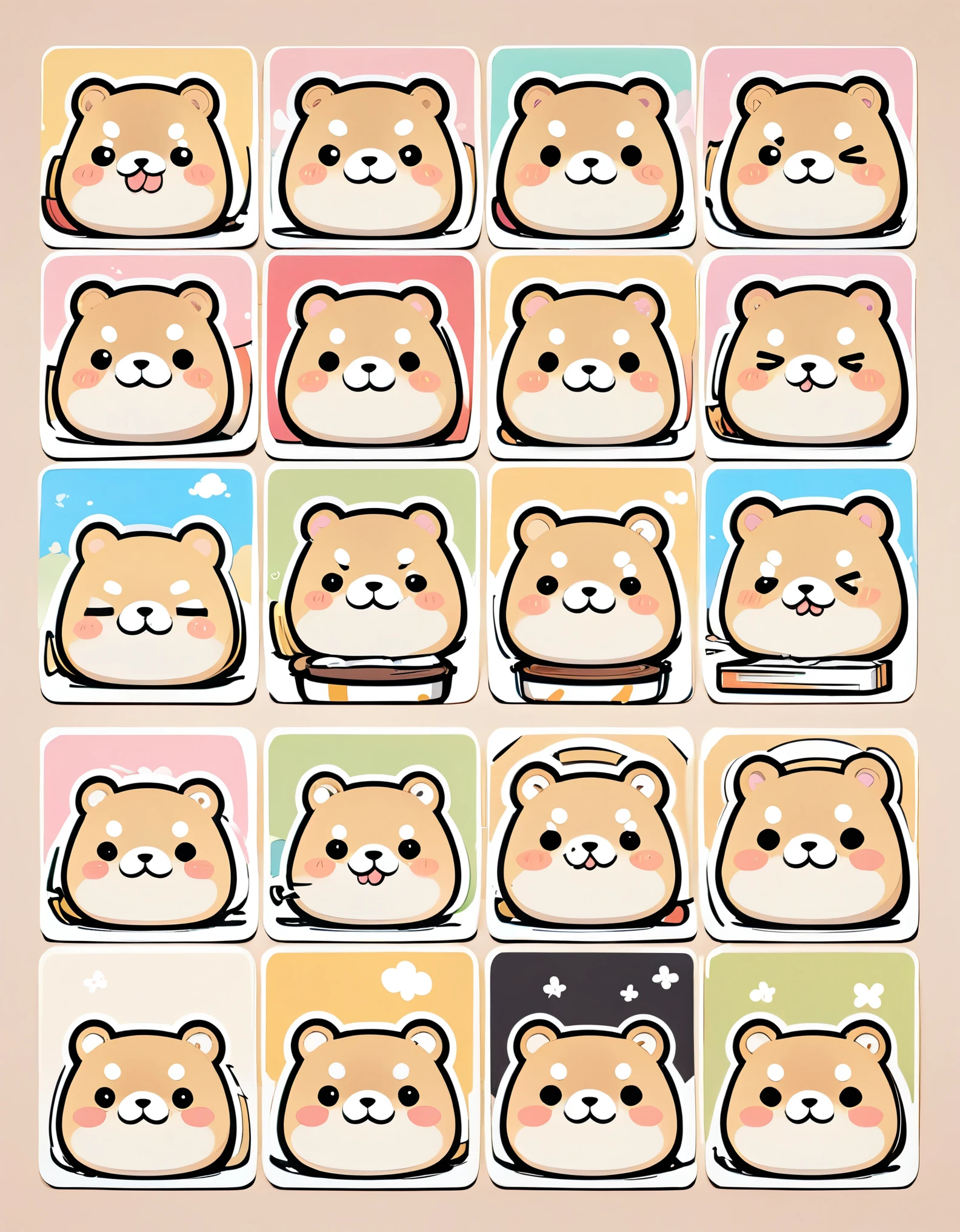 (masterpiece:1.2, Highest quality,Highest quality,Very detailedな:1.2),(Very detailed),(Best illustrations),8k,(Mr.々Postcards of small Shiba Inu characters with cute expressions are arranged in a square.,Deformation,Very simple design,Rilakkuma style)