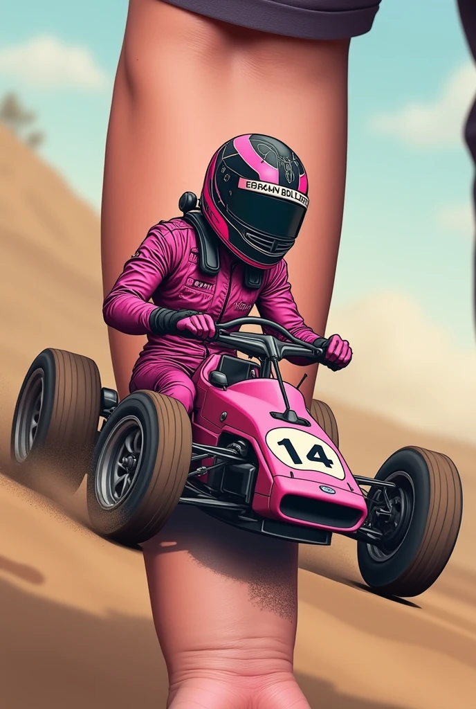 Forearm with linear tattoo of a female race car driver on dirt track in pink suit and on her suit written the number 14 with a closed black and pink helmet