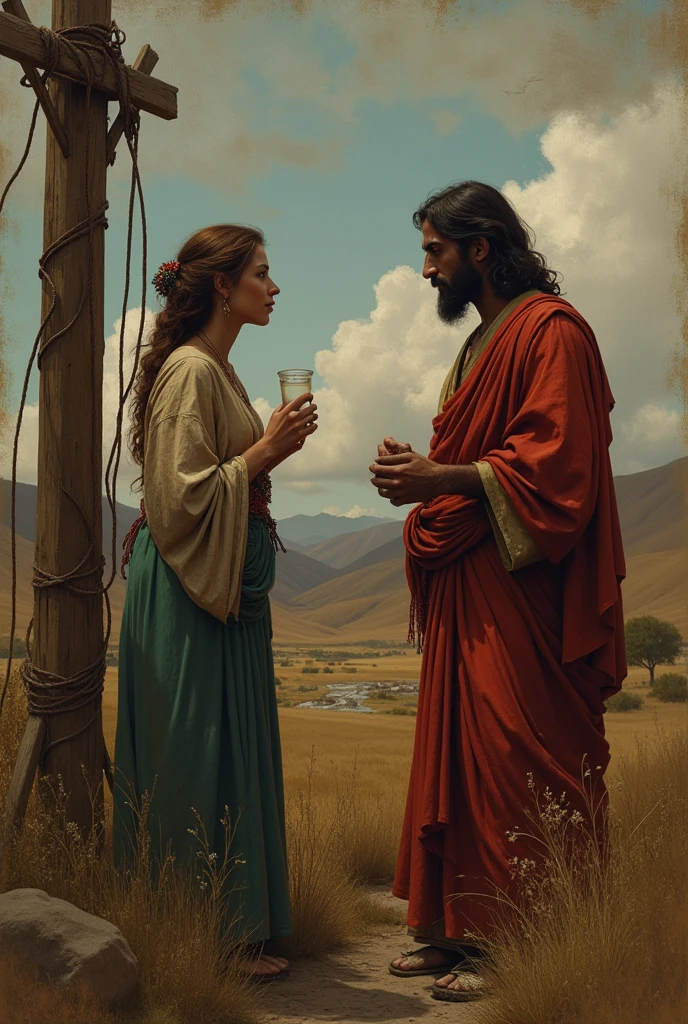 creates a realistic image of Jesus and the Samaritan woman at the well urban style