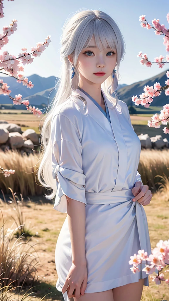 ((Logo, masterpiece, 8K, RAW photos, wonderful, 最high quality, Photorealistic and 非常详细 CG integrated 8K wallpaper, high quality, Movie Lighting, lens flare, Ray Tracing, Anatomically accurate)), fantasy, 1 Beautiful Woman, ((White hair)), Clear eyes, Long hair, Pretty Face, serious, 緻密でbeautiful eyes, Beautiful Skin, Jewelry, beautiful eyes, White Kimono, Silver earrings, Shining, Blue sky and white clouds background, wind, grassland, The vast land of myth, Spectacular views, 美しい自然のwindのwind景, Hair color is white, Cherry blossoms