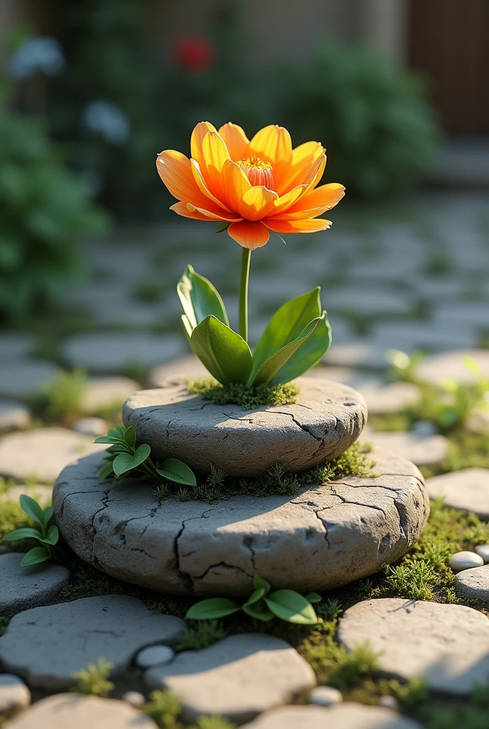 A flower planted on top of three cobblestone