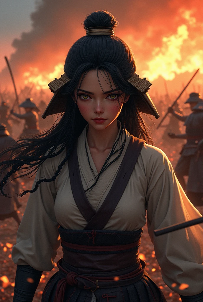Japan (Christina Chong beautiful face, narrowed eyes. smirk. black braided hair with narrowed eyes,) Samurai、Female warriors of the Sengoku period、Wearing a helmet、Scene of fierce fighting、There are many people fighting around、Flames are rising all around、Sense of presence。Real、Genuine、25age、Black Hair