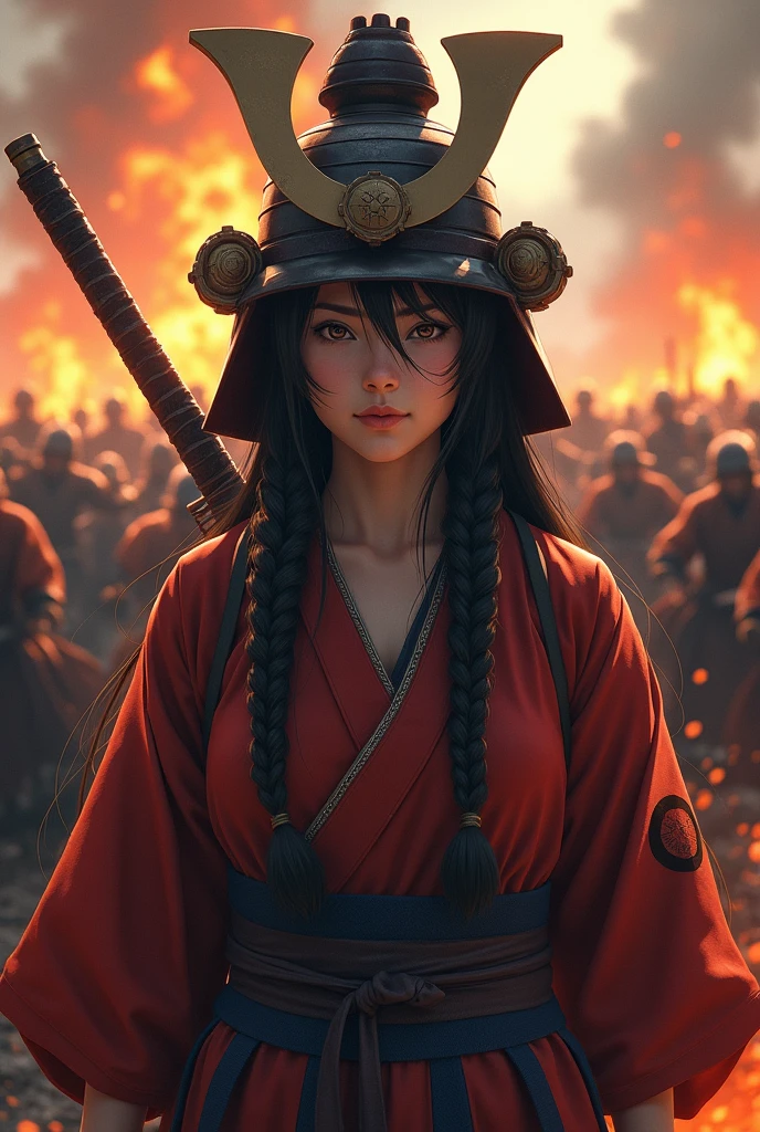 Japan (Christina Chong beautiful face, narrowed eyes. smirk. black braided hair with narrowed eyes,) Samurai、Female warriors of the Sengoku period、Wearing a helmet、Scene of fierce fighting、There are many people fighting around、Flames are rising all around、Sense of presence。Real、Genuine、25age、Black Hair