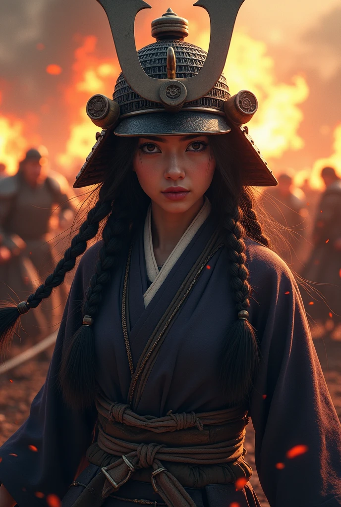 Japan (Christina Chong beautiful face, narrowed eyes. smirk. black braided hair with narrowed eyes,) Samurai、Female warriors of the Sengoku period、Wearing a helmet、Scene of fierce fighting、There are many people fighting around、Flames are rising all around、Sense of presence。Real、Genuine、25age、Black Hair