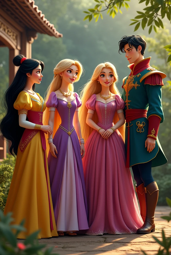 ((Best Quality)), ((masterpiece)), (detailed), ((group)) group de princesas en la vida real, 4 girls, Mulan, Rapunzel, Aurora and Merida, next to them a boy, Prince Flynn, dressed as they are today