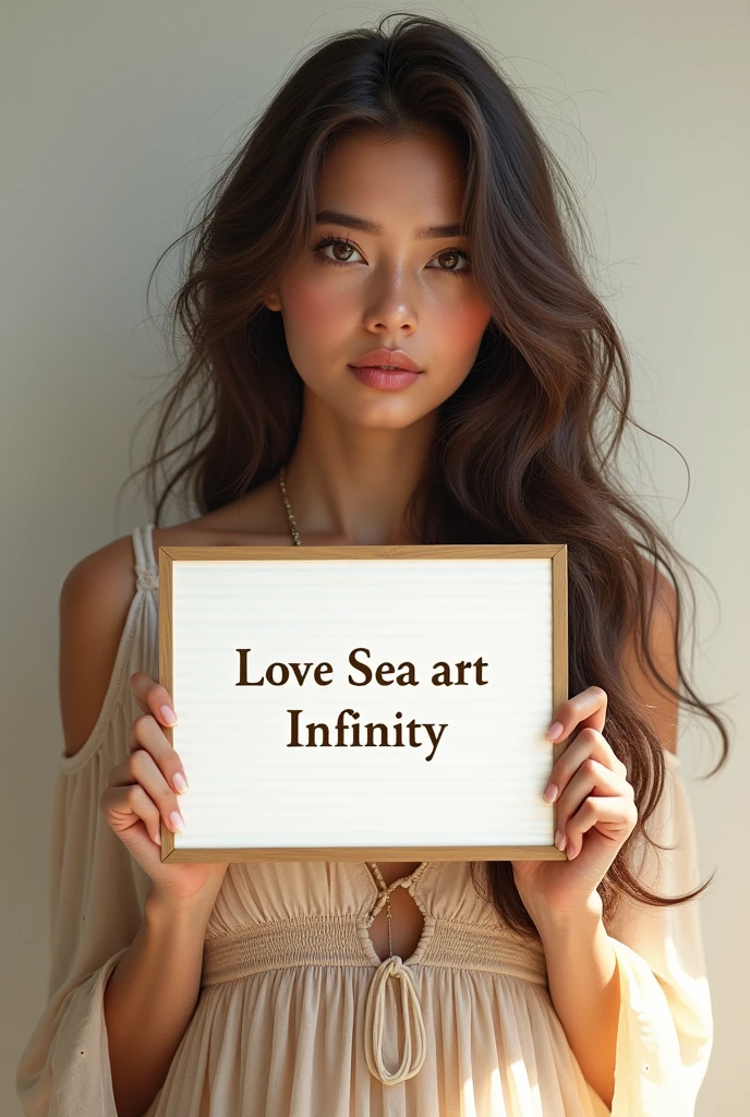 Beautiful girl with wavy long hair, bohemian dress, holding a white board with text "I Love Seaart Infinity" and showing it to the viewer
