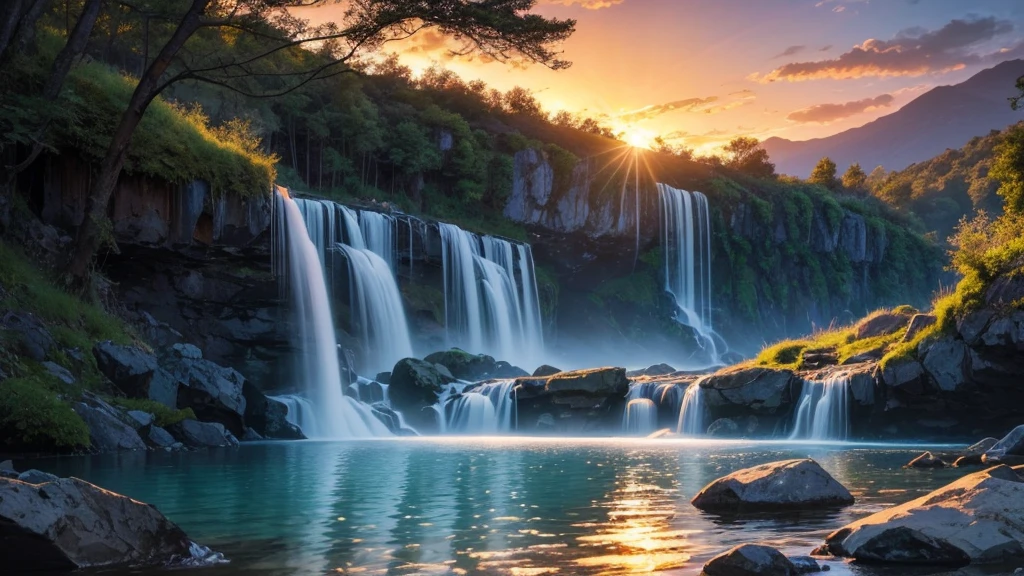 "A majestic waterfall at twilight, where water cascades, creating a soft haze that reflects the vibrant colors of the sunset sky. The peaceful atmosphere is permeated by the tranquil sound of water, with golden sunbeams softly illuminating the scene. The tranquil beauty and soft lighting create a stunning landscape, worthy of a Heise masterpiece. captured with the precision of an Ectachroma photograph, this image evokes a sense of serenity and contemplation, reflecting the harmony between water and sky."
