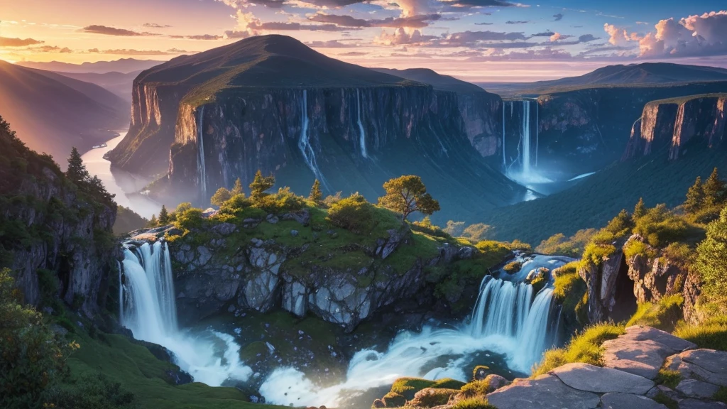 "A majestic waterfall at twilight, where water cascades, creating a soft haze that reflects the vibrant colors of the sunset sky. The peaceful atmosphere is permeated by the tranquil sound of water, with golden sunbeams softly illuminating the scene. The tranquil beauty and soft lighting create a stunning landscape, worthy of a Heise masterpiece. captured with the precision of an Ectachroma photograph, this image evokes a sense of serenity and contemplation, reflecting the harmony between water and sky."