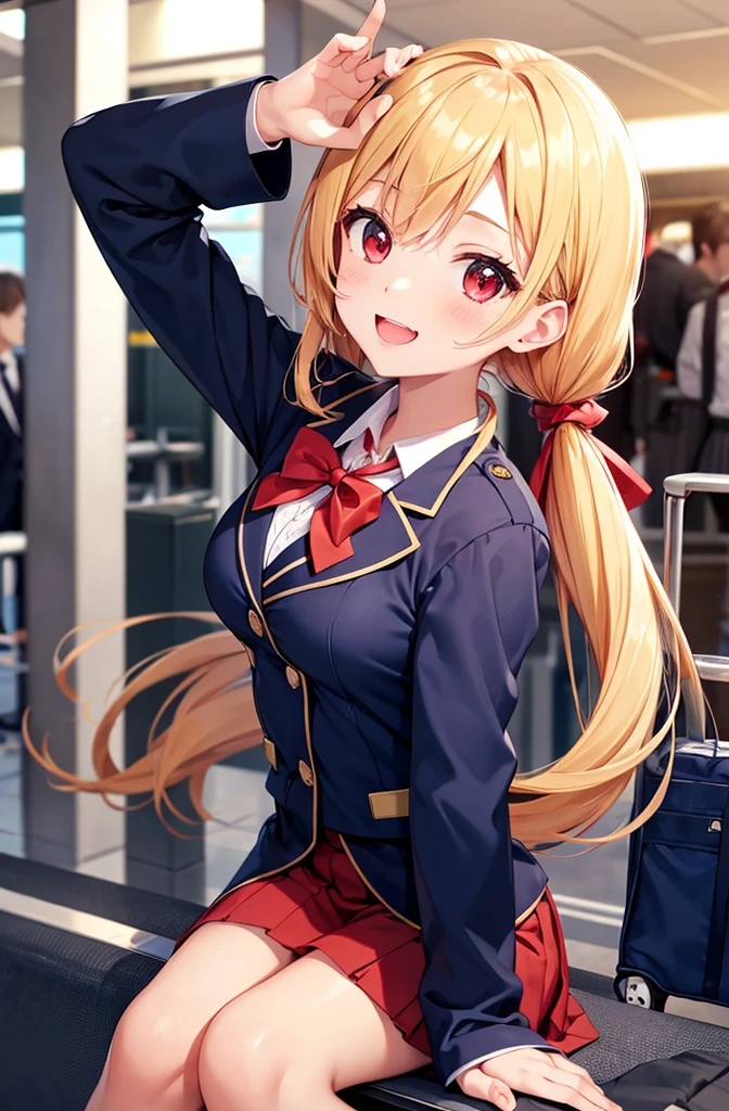 Idol-like anime character, neat and cute face, big smile, cute expression, droopy eyes, bright expression, blond twin-tail hair, wearing red ribbon, small breasts, navy blue stewardess uniform, navy blue blazer, long skirt, . Greeting, Airplane flying over airport lobby background, . 5 fingers, two hands, high quality fingers, focus on face. Focus on face. Red eyes, five fingers, two hands. No shadow on background, high quality, No shadow on background, high quality, high quality