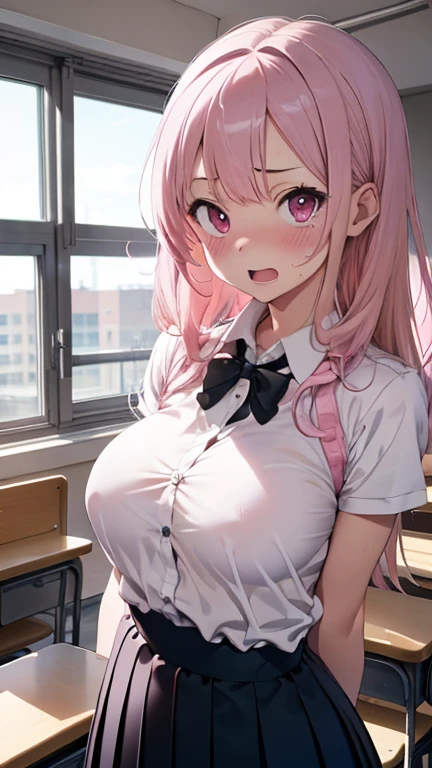 mastute piece,Best Quality,insanely detailed,8k cg,nsfw,
(shoot upper body:1.3),
(1girls:1.3),standing,looking at viewr,body in front,(arms behind back:1.4),(school uniform:1.2,onepiece skirt),break,
blush,shy,(ecstasy face),(trembling:1.2),break,(light pink hair:1.3),
break,
perfect breasts,perfect teats,(open mouth:0.9),(large breasts:1.2),
(classroom),
