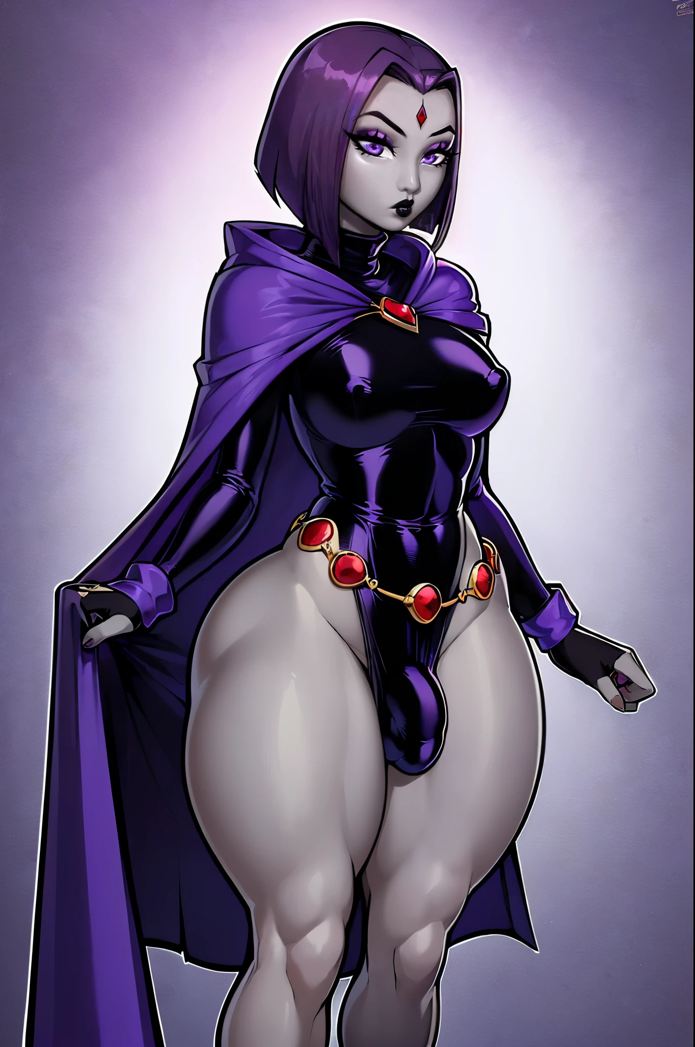(solo:1.1),(masterpiece), (best quality:1.3),, (ultra detailed), (intricate), professional art, digital art, absurdres, shadraven, (Full body view:1.3), (far away view:1.1), 1girl, solo, (grey skin:1.4), dark purple hair, bob hair, dark purple eyes, hips wider than shoulders, pear shaped body, jewellery, detailed thighs, (thick thighs:1.3), red jewel in forehead, jewels, (long sleeved turtleneck leotard:1.4), (Red jewel Belt), (red jewel brooch), cuffs, small breasts, nipple bulge, (raven long dark purple hooded cape), (Shadraven brooch:1.2), Shadraven jewel belt, Shadraven wearing a long sleeved leotard with fingerless gloves and ankle boots and a hooded cape, (long legs:1.3), ( detailed long thick veiny crotch bulge with veins showing through clothing:1.4), large penis, large testicles, side view, looking at viewer, bubble butt , gluteal crease, universal lighting,(Detailed ass),