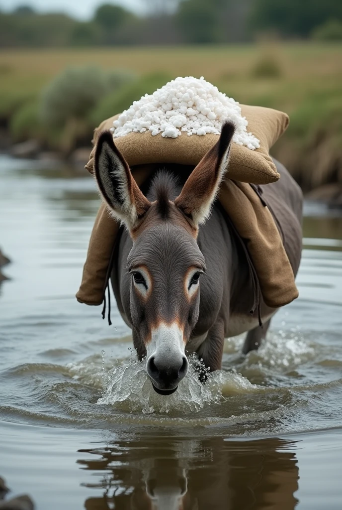 A donkey falling into a river with a load of salt on its back