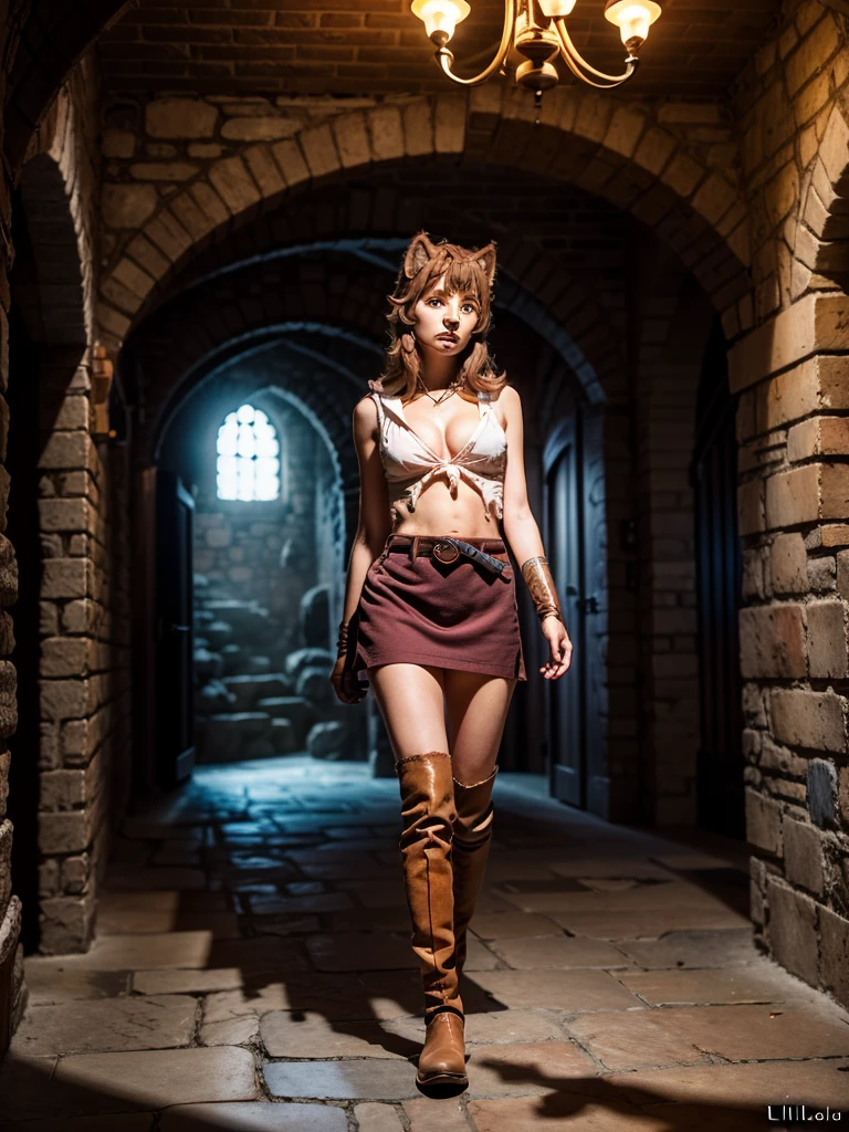 full body, (Liliruca Arde:1.3), a hot girl with no sleeves, red microskirt, belt, torn stockings, cleavage, bts, beautiful detailed eyes, animal ears, beautiful detailed lips, gloves, extremely detailed detailed face , long eyelashes, photorealistic, high quality, highly detailed, 8k, masterpiece, realistic, studio lighting, natural lighting, soft lighting, warm colors, pastel colors, vibrant colors, in a dungeon rpg