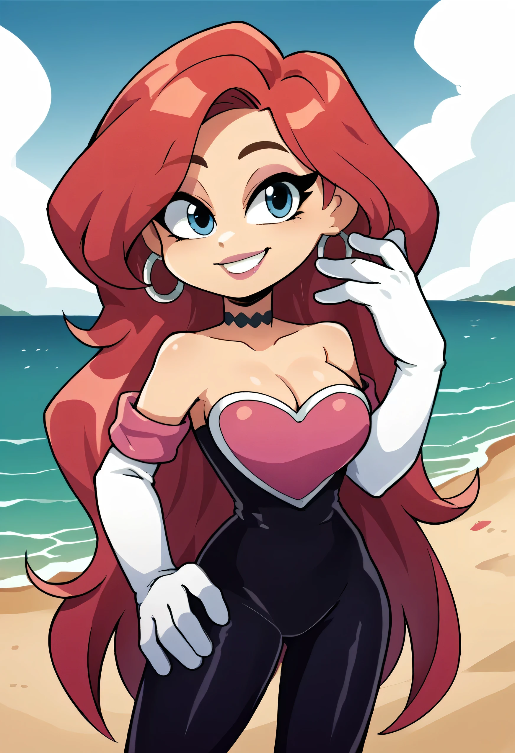 masterpiece, best quality, highly detailed, score_9, score_8_up, score_7_up, score_6_up,source_anime, BREAK chelsea, 1girl, choker, smile, jewelry, very long hair, standing, red hair, earrings, blue eyes, rougecosplay, black bodysuit, white elbow gloves, right hand on hip, left hand behind head, bare shoulders, cleavage, hoop earrings, beach background, ocean, blue skies, cowboy shot,