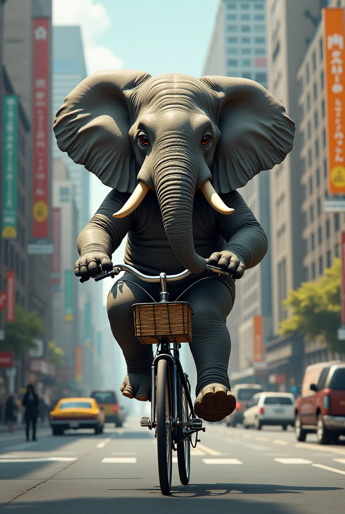 Elephant on a bike on the street