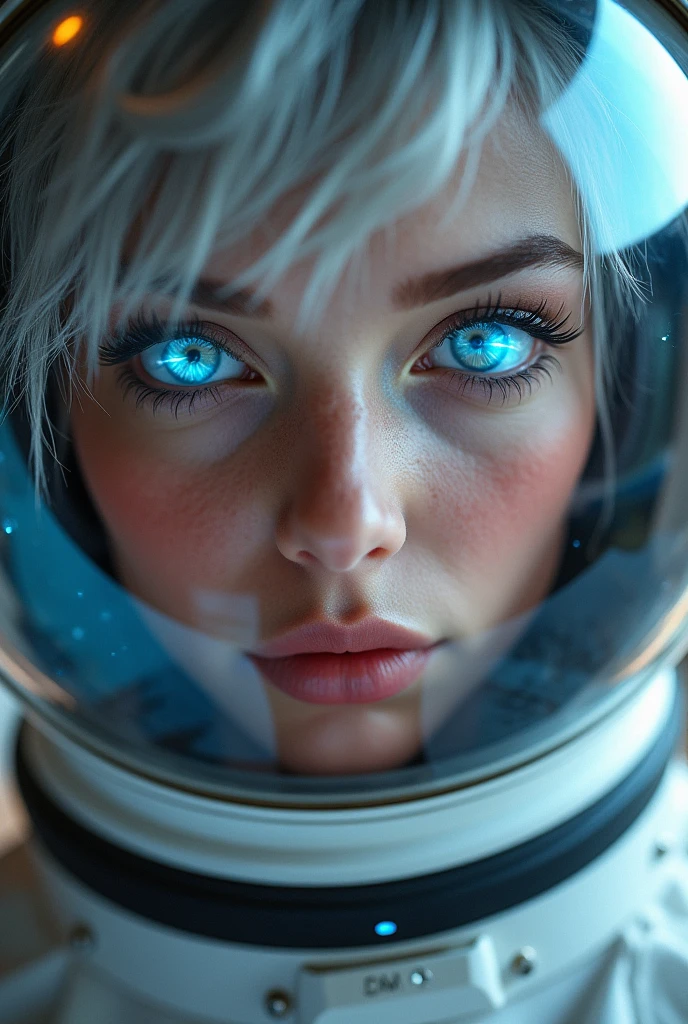 (Close-up of a better masterpiece:1.5)0.9], (Space and astronauts:1.2) (Messy silver hair:1.1) (Heterochromia xanthochromia and blue eyes:1.2) (Space Helmet:1.0) (Colored stars in the eyes:1.0) (A radiant glow:1.1) (thick lips:0.9)