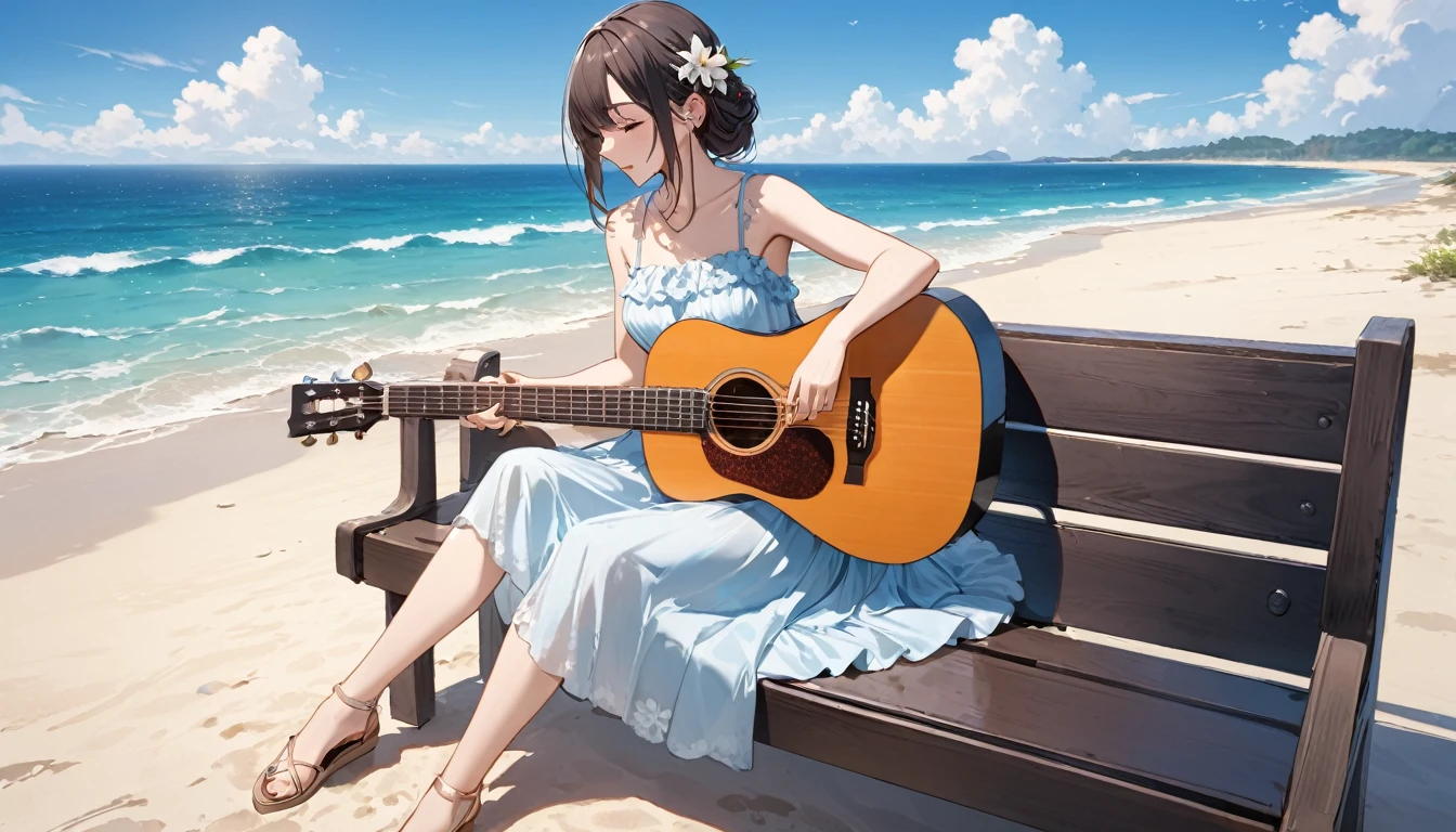 Highest quality,Woman playing an acoustic guitar,Wear a dress,sit,beach,Ocean,blue sky,summer