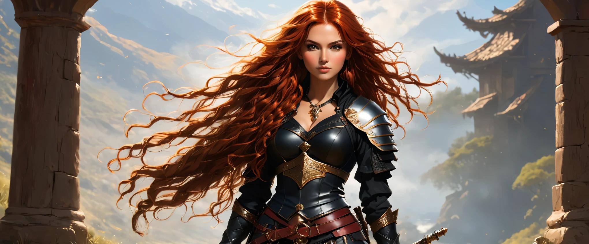 an image Nayane Laura Menequel XX weeks 13, a beautiful young woman with a friendly warrior appearance, detailed light honey eyes, long red hair, wearing black boots, she is in a full body pose