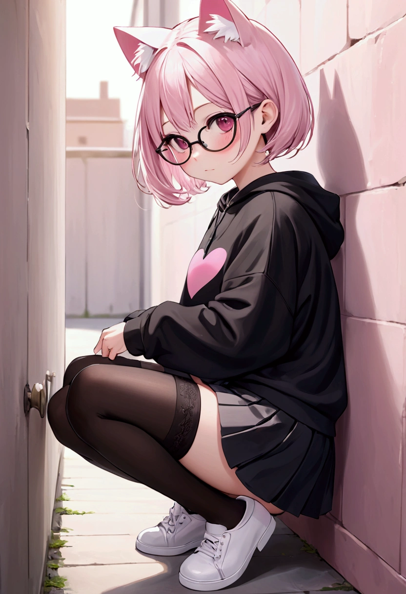 I have white pink hair, cat ears, a bun, my face is super blushing, black glasses, pink heart eyes, a big pink sweatshirt, a black skirt, black stockings, white shoes, a cat&#39;s tail, a girl. very shy that she is glued to a wall with her butt