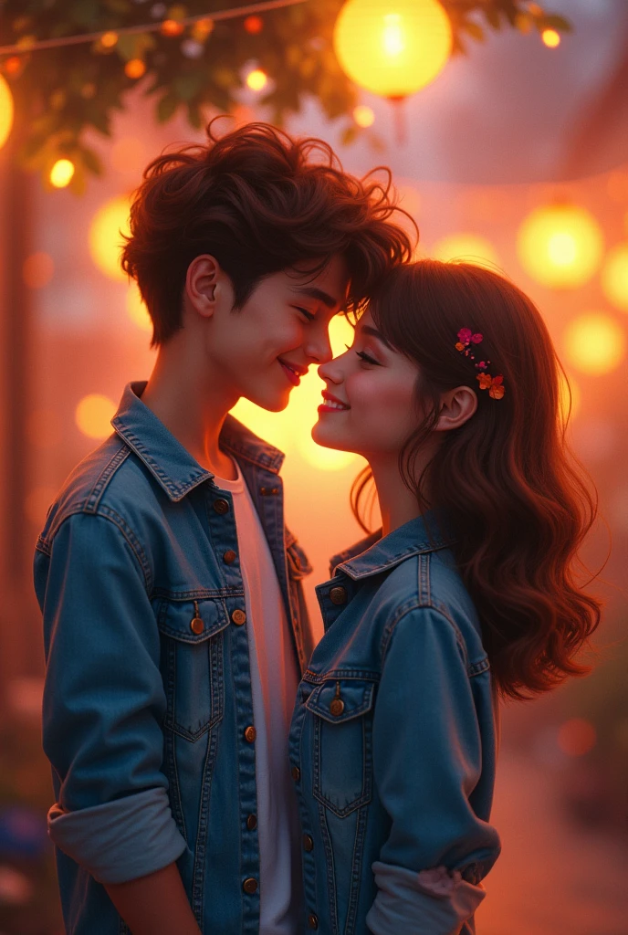 [Core Concept] A nostalgic scene set in the 1980s, capturing the vibrant and carefree essence of young love.

[Character Description] Two youthful and stylish individuals, dressed in classic denim attire, sharing a tender moment together and expressing their affection through a sweet, genuine smile.

[Environment/Background] The backdrop evokes the distinct atmosphere of the 1980s, with a warm and inviting setting that complements the intimate connection between the two characters.

[Style and Atmosphere] The overall aesthetic is imbued with a nostalgic and romantic charm, capturing the innocent and joyful spirit of a bygone era.

[Composition] The composition emphasizes the connection between the two individuals, with their bodies and expressions creating a harmonious and visually appealing arrangement.

[Details and Embellishments] Subtle details, such as the texture of the denim and the subtle nuances of the characters' expressions, add depth and authenticity to the scene.

[Technical Specifications] The image is rendered with a vibrant and vivid color palette, highlighting the warmth and vibrancy of the 1980s setting, while maintaining a soft and dreamlike quality that accentuates the emotional connection between the characters.