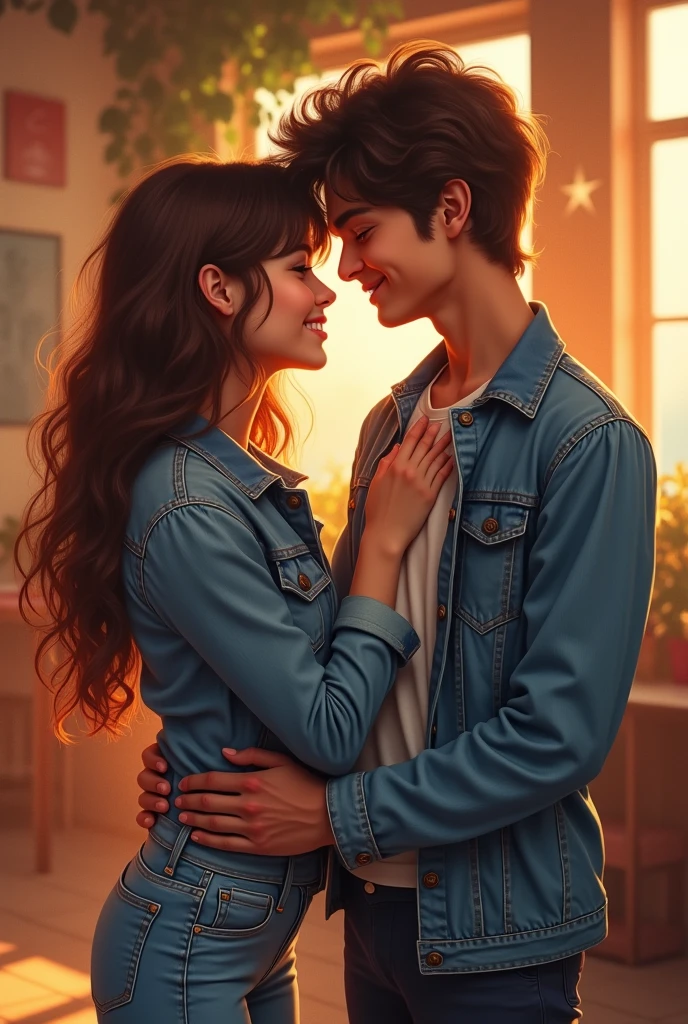[Core Concept] A nostalgic scene set in the 1980s, capturing the vibrant and carefree essence of young love.

[Character Description] Two youthful and stylish individuals, dressed in classic denim attire, sharing a tender moment together and expressing their affection through a sweet, genuine smile.

[Environment/Background] The backdrop evokes the distinct atmosphere of the 1980s, with a warm and inviting setting that complements the intimate connection between the two characters.

[Style and Atmosphere] The overall aesthetic is imbued with a nostalgic and romantic charm, capturing the innocent and joyful spirit of a bygone era.

[Composition] The composition emphasizes the connection between the two individuals, with their bodies and expressions creating a harmonious and visually appealing arrangement.

[Details and Embellishments] Subtle details, such as the texture of the denim and the subtle nuances of the characters' expressions, add depth and authenticity to the scene.

[Technical Specifications] The image is rendered with a vibrant and vivid color palette, highlighting the warmth and vibrancy of the 1980s setting, while maintaining a soft and dreamlike quality that accentuates the emotional connection between the characters.