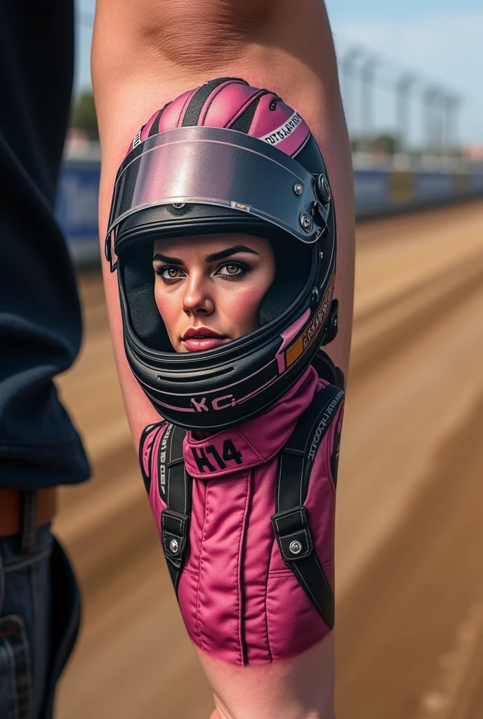 Forearm with linear tattoo of a female race car driver, on dirt track in pink racing suit, on his suit written the number 14, with black and pink closed helmet