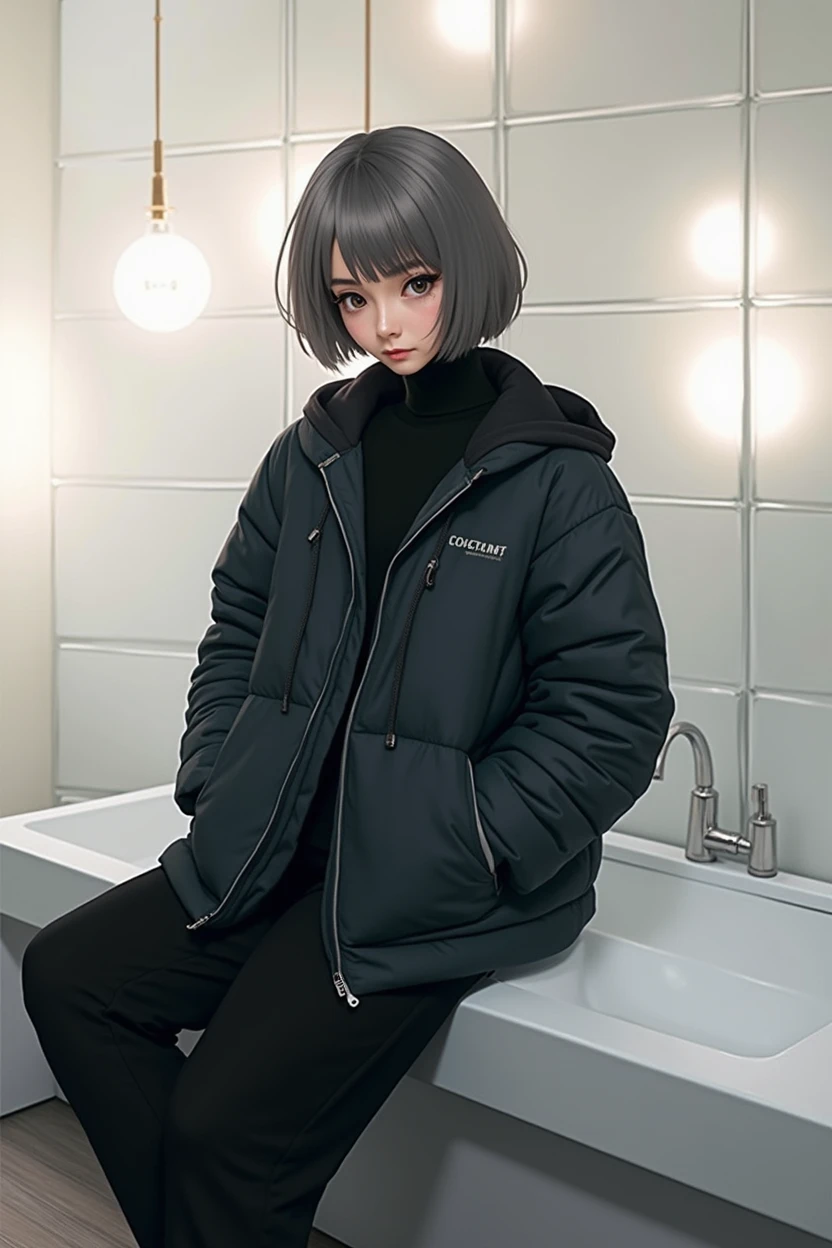 (RAW photo, best quality, masterpiece: 1.2), (photorealistic: 1.4), best lighting, 20 years old, (detail face, detail eyes, light gray eyes, light gray hair, short straight bob cut, Symmetrical eyes :1.3)