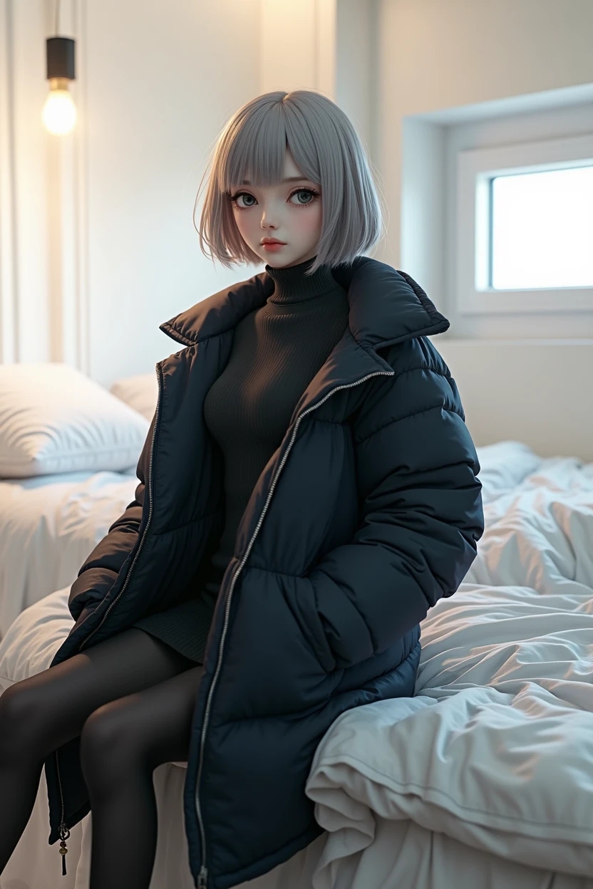 (RAW photo, best quality, masterpiece: 1.2), (photorealistic: 1.4), best lighting, 20 years old, (detail face, detail eyes, light gray eyes, light gray hair, short straight bob cut, Symmetrical eyes :1.3)