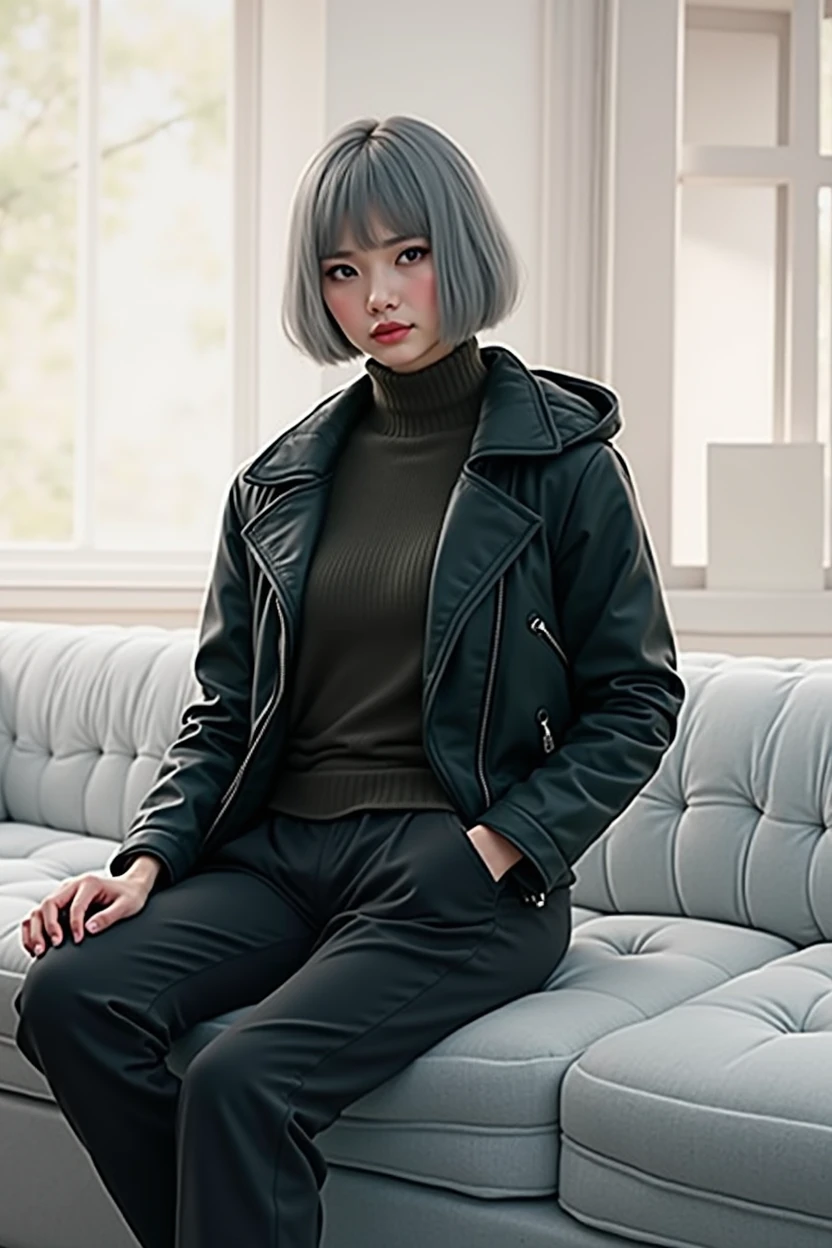 (RAW photo, best quality, masterpiece: 1.2), (photorealistic: 1.4), best lighting, 20 years old, (detail face, detail eyes, light gray eyes, light gray hair, short straight bob cut, Symmetrical eyes :1.3)