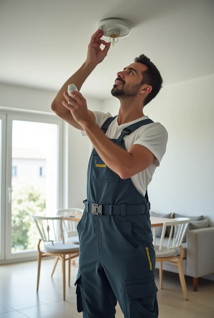 30 year old male technician, from sideways, changing ceiling light, ABNT standard of Brazil, wide image of house with white walls, showing table with chairs in the background of the image