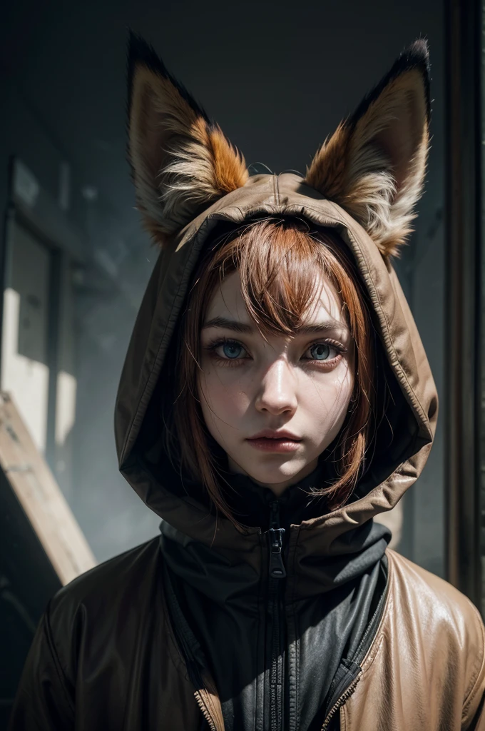 A humanoid fox in a dystopian comic book style, echoing the look of the 'Distopia' series. This fox features exaggerated, caricatured traits with sharp, angular lines. Its fur is sparse, mainly in muted orange and brown hues with dark gray patches. Dressed in a trench coat that partially obscures a concealed gadget or symbol hinting at hidden conspiracies, the fox's eyes are intense and subtly glowing, adding to its enigmatic and cunning appearance. The background is dark and filled with shadowy figures and abstract shapes, creating a secretive and foreboding ambiance.
