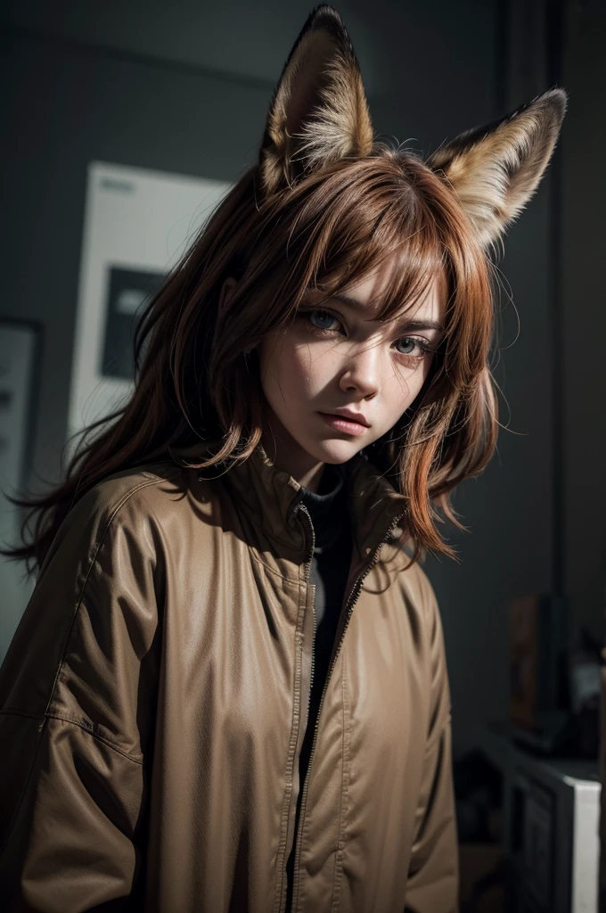 A humanoid fox in a dystopian comic book style, echoing the look of the 'Distopia' series. This fox features exaggerated, caricatured traits with sharp, angular lines. Its fur is sparse, mainly in muted orange and brown hues with dark gray patches. Dressed in a trench coat that partially obscures a concealed gadget or symbol hinting at hidden conspiracies, the fox's eyes are intense and subtly glowing, adding to its enigmatic and cunning appearance. The background is dark and filled with shadowy figures and abstract shapes, creating a secretive and foreboding ambiance.