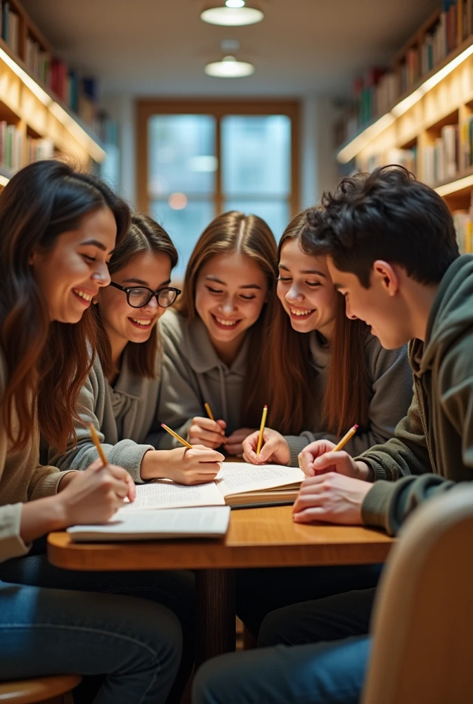 Group of teenagers reading happily