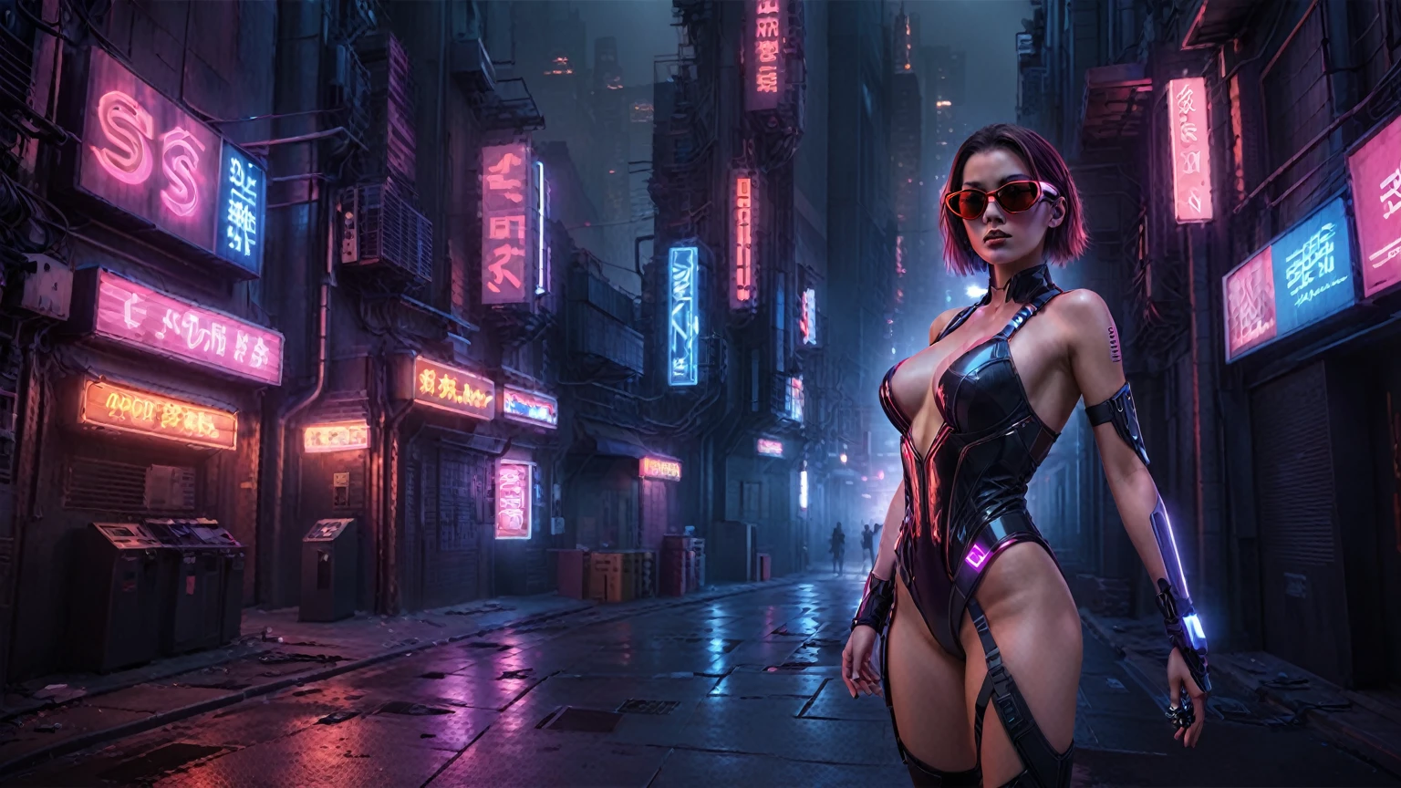 There's a cyborg woman (8k) wearing a futuristic leotard (best quality) standing in a cyberpunk city alley at night, darksynth aesthetic, red neons, haze, foggy night, ultra detailed, photorealistic, (1girl, solo, alone), large-breast:1.2 slim body, cleavage:1.1, (black sunglasses), (holding a pistol), dynamic pose, half-body thigh level medium shot, cinematic lighting, ray tracing.
