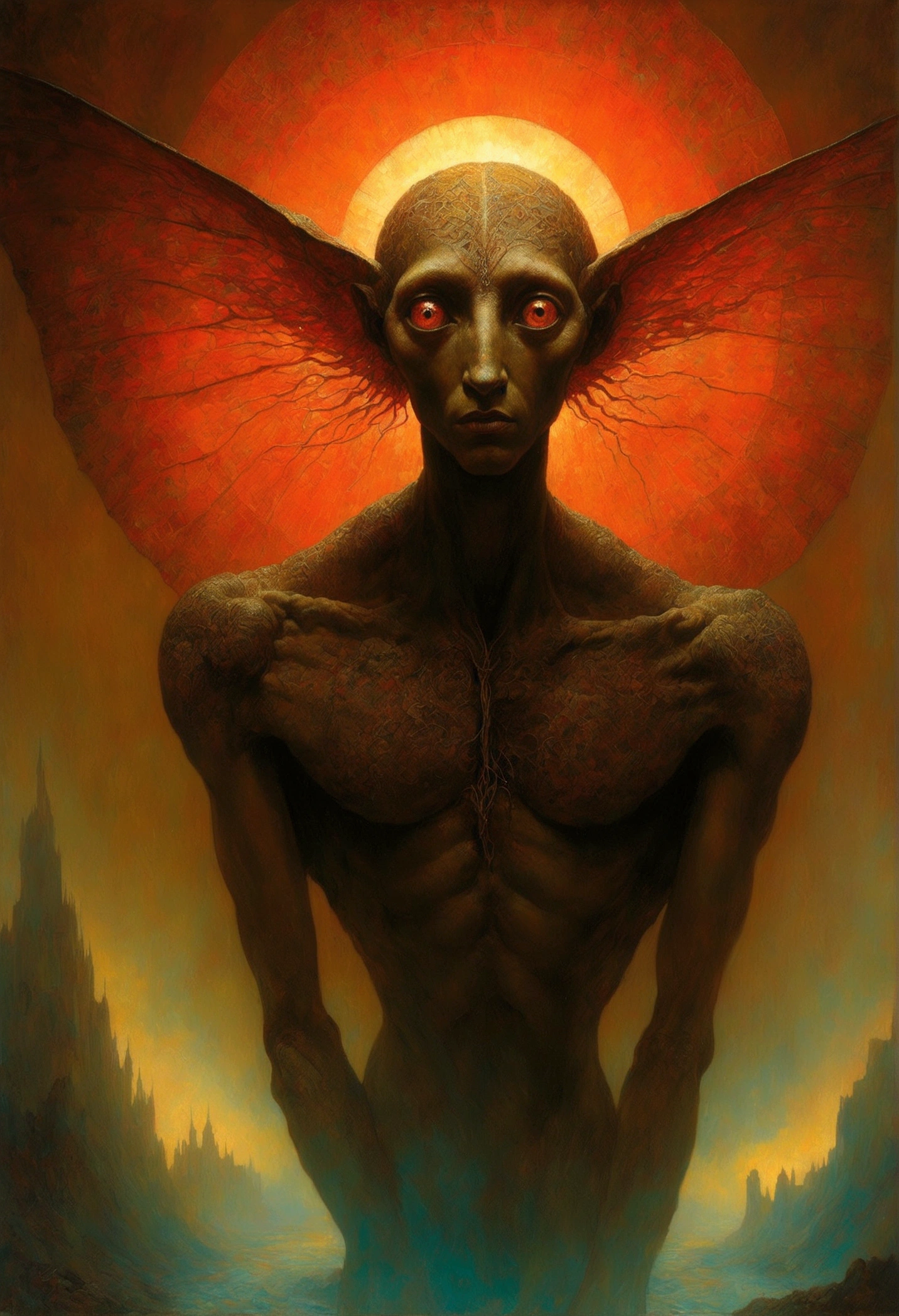 Mythical creatures, author：By Zdzisław Beksinski, Mucha、red、Big eyes