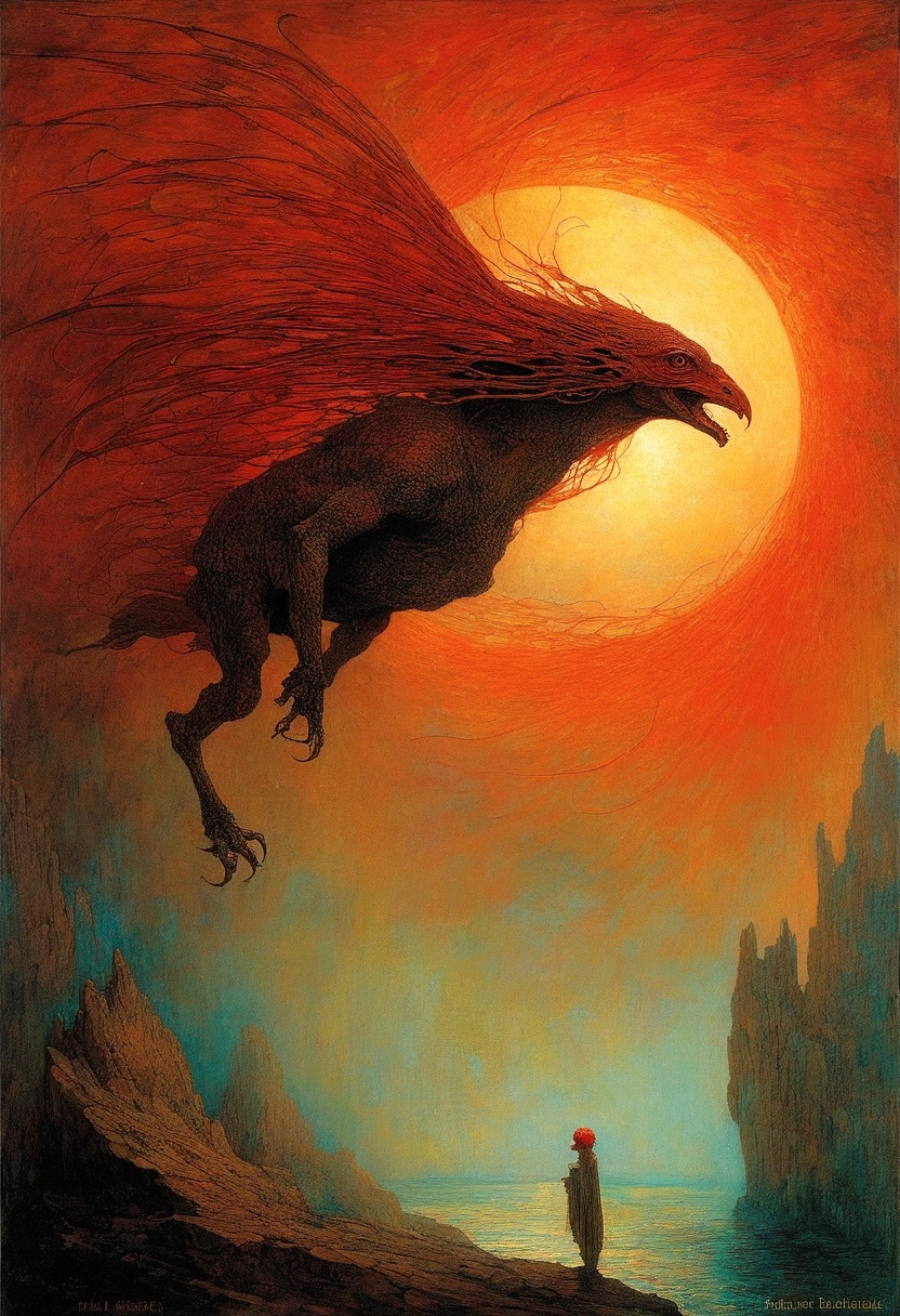 Mythical creatures, author：By Zdzisław Beksinski, Mucha、red、Big eyes