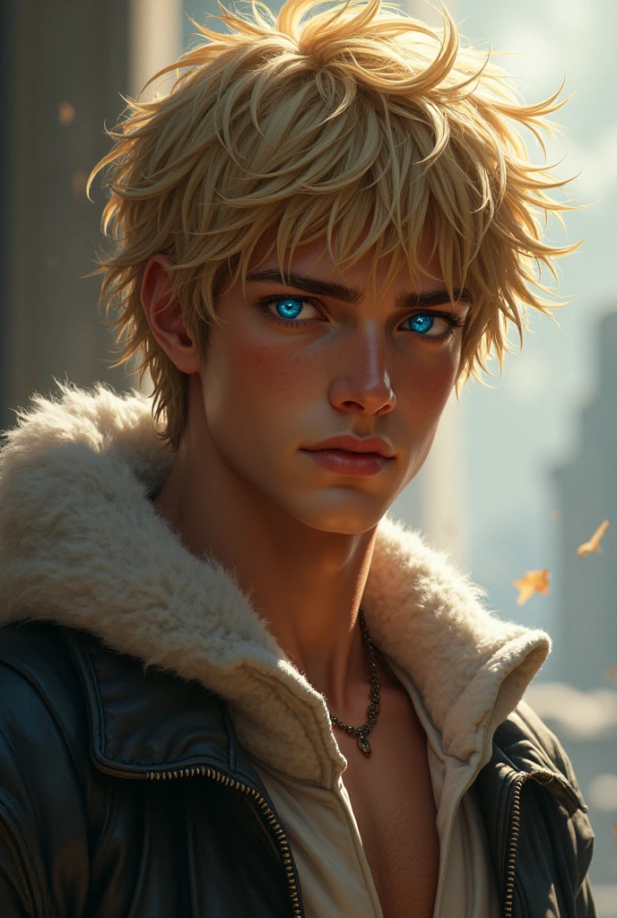 He looks younger and has sandy blonde hair that's often tousled, giving him a carefree. rebellious look. His bright blue eyes are intense and electric, reflecting both determination and inner conflict. He's tall and athletic, with a lean build honed by years of training as a demigod. His face is handsome, with a strong jawline, high cheekbones, and a straight nose, though his expression carries a hardness that hints at his troubled nature.